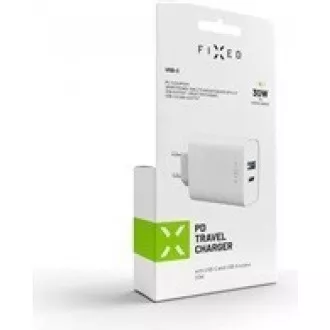 FIXED hálózati töltő, USB-C   USB-A csatlakozó, PD-támogatás, 30 W, fehér színű