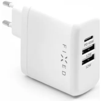 FIXED hálózati töltő, USB-C   2x USB-A csatlakozó, PD-támogatás, 45 W, fehér színű