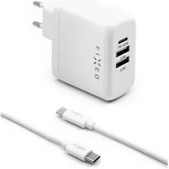 FIXED hálózati töltő, USB-C   2x USB-A csatlakozó, USB-C -> USB-C kábel hossza 1 m, PD-támogatás, 45 W, fehér színű