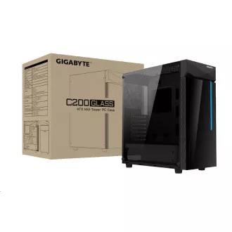 GIGABYTE ház GB-C200G, RGB világítás, tápegység nélkül, átlátszó oldal, Mid tower, középső torony