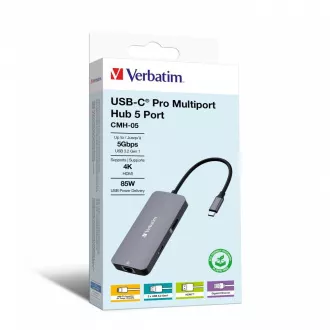 VERBATIM Hub USB-C Pro Multiport 5 portos, 2x USB 3.2, 1x USB-C, HDMI, RJ45, szürke