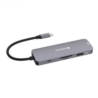VERBATIM Hub USB-C Pro Multiport 8 port, 3x USB 3.2, 1x USB-C, 2xHDMI, microSD/SD, szürke színű VERBATIM Hub USB-C Pro Multiport 8 port, 3x USB 3.2, 1x USB-C, 2xHDMI, microSD/SD, szürke színű