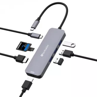 VERBATIM Hub USB-C Pro Multiport 8 port, 3x USB 3.2, 1x USB-C, 2xHDMI, microSD/SD, szürke színű VERBATIM Hub USB-C Pro Multiport 8 port, 3x USB 3.2, 1x USB-C, 2xHDMI, microSD/SD, szürke színű