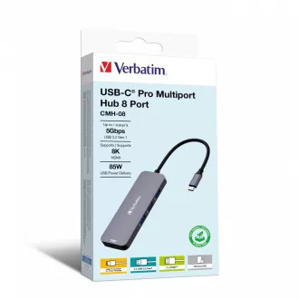 VERBATIM Hub USB-C Pro Multiport 8 port, 3x USB 3.2, 1x USB-C, 2xHDMI, microSD/SD, szürke színű VERBATIM Hub USB-C Pro Multiport 8 port, 3x USB 3.2, 1x USB-C, 2xHDMI, microSD/SD, szürke színű