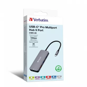 VERBATIM Hub USB-C Pro Multiport 9 port, 3x USB 3.2, 2x USB-C, HDMI, RJ45, microSD/SD, szürke színű