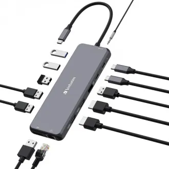 VERBATIM Hub USB-C Pro Multiport 13 port, 6x USB-A, 2x USB-C, 2x HDMI, DP, RJ45, 3,5 mm-es jack audio, szürke színben VERBATIM Hub USB-C Pro Multiport 13 port, 6x USB-A, 2x USB-C, 2x HDMI, DP, RJ45, 3,5 mm-es jack audio, szürke színben