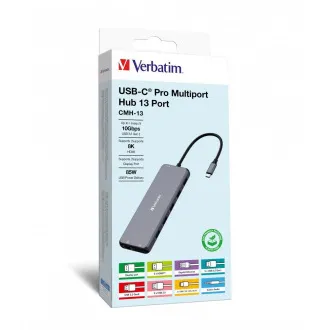 VERBATIM Hub USB-C Pro Multiport 13 port, 6x USB-A, 2x USB-C, 2x HDMI, DP, RJ45, 3,5 mm-es jack audio, szürke színben VERBATIM Hub USB-C Pro Multiport 13 port, 6x USB-A, 2x USB-C, 2x HDMI, DP, RJ45, 3,5 mm-es jack audio, szürke színben
