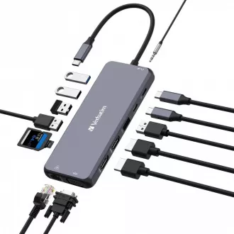 VERBATIM Hub USB-C Pro Multiport 14 port, 5x USB-A, 2x USB-C, 2x HDMI, 1xVGA, RJ45, 3,5 mm-es jack audio, microSD/SD, szürke színben