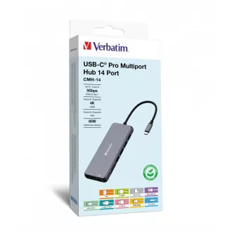 VERBATIM Hub USB-C Pro Multiport 14 port, 5x USB-A, 2x USB-C, 2x HDMI, 1xVGA, RJ45, 3,5 mm-es jack audio, microSD/SD, szürke színben