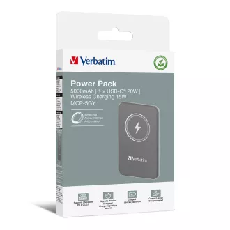 VERBATIM Powerbank Charge 'n' Go, mágneses, 5000 mAh, USB-C, szürke