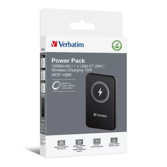 VERBATIM Powerbank Charge 'n' Go, mágneses, 10000 mAh, USB-C, Fekete