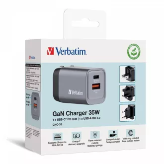 VERBATIM GaN hálózati töltő GNC-35, 35W, 1x USB-C, 1x USB VERBATIM GaN hálózati töltő GNC-35, 35W, 1x USB-C, 1x USB