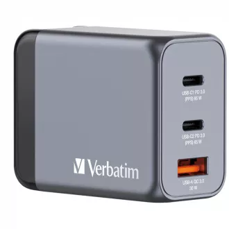 VERBATIM GaN hálózati töltő GNC-65, 65W, 2x USB-C, 1x USB VERBATIM GaN hálózati töltő GNC-65, 65W, 2x USB-C, 1x USB