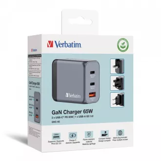 VERBATIM GaN hálózati töltő GNC-65, 65W, 2x USB-C, 1x USB VERBATIM GaN hálózati töltő GNC-65, 65W, 2x USB-C, 1x USB