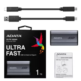 ADATA külső SSD 2TB SE880, USB-C 3.2 Gen 2x2, R:2000/W:2000MB/s, szürke