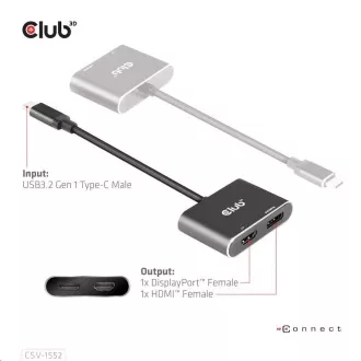 Club3D hub MST (Multi Stream Transport) USB3.2 Gen2 Type-C(DP Alt-Mode) to DisplayPort HDMI 4K60Hz (M/F) Club3D hub MST (Multi Stream Transport) USB3.2 Gen2 Type-C(DP Alt-Mode) to DisplayPort HDMI 4K60Hz (M/F)