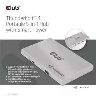 Club3D hubThunderbolt 4 hordozható 5 az 1-ben hub intelligens tápellátással