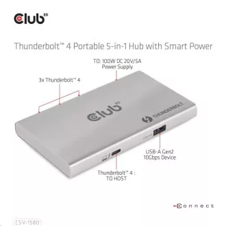 Club3D hubThunderbolt 4 hordozható 5 az 1-ben hub intelligens tápellátással