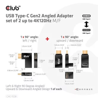 Club3D USB-C Gen2 szögletes adapter 2 darabos készlet, 4K120Hz, 240W, (M/F)