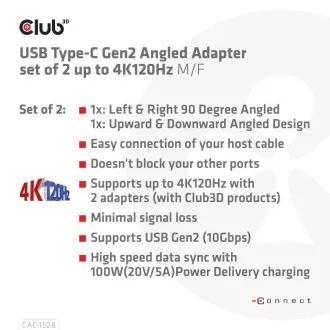 Club3D USB-C Gen2 szögletes adapter 2 darabos készlet, 4K120Hz, 240W, (M/F)