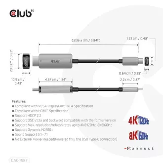 Club3D USB-C és HDMI kábel, 4K120Hz 8K60Hz HDR10 DSC1.2, aktív kábel, M/M, 3m
