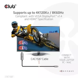 Club3D USB-C és HDMI kábel, 4K120Hz 8K60Hz HDR10 DSC1.2, aktív kábel, M/M, 3m