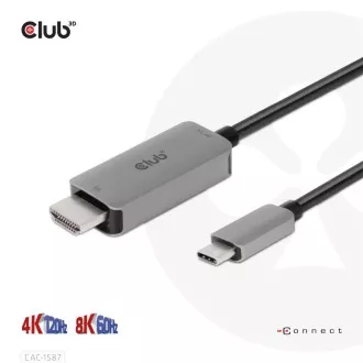 Club3D USB-C és HDMI kábel, 4K120Hz 8K60Hz HDR10 DSC1.2, aktív kábel, M/M, 3m