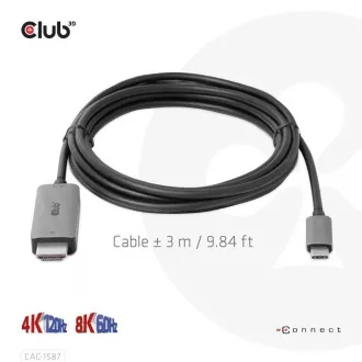 Club3D USB-C és HDMI kábel, 4K120Hz 8K60Hz HDR10 DSC1.2, aktív kábel, M/M, 3m
