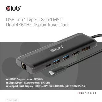 Club 3D dokkolóállomás USB-C 8v1, 1xDP, 1xHDMI, 1xUSB-C PD100W, 2xUSB, SD kártyaolvasó, szürke színben