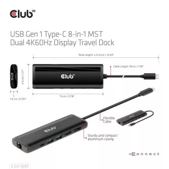 Club 3D dokkolóállomás USB-C 8v1, 1xDP, 1xHDMI, 1xUSB-C PD100W, 2xUSB, SD kártyaolvasó, szürke színben