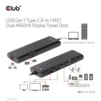 Club 3D dokkolóállomás USB-C 8v1, 1xDP, 1xHDMI, 1xUSB-C PD100W, 2xUSB, SD kártyaolvasó, szürke színben