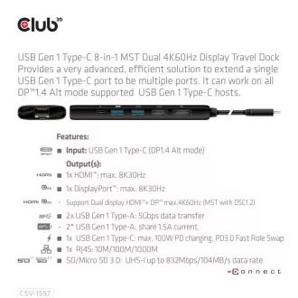 Club 3D dokkolóállomás USB-C 8v1, 1xDP, 1xHDMI, 1xUSB-C PD100W, 2xUSB, SD kártyaolvasó, szürke színben