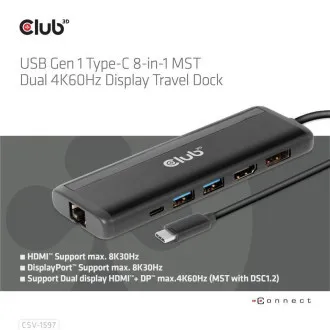 Club 3D dokkolóállomás USB-C 8v1, 1xDP, 1xHDMI, 1xUSB-C PD100W, 2xUSB, SD kártyaolvasó, szürke színben