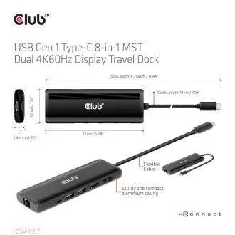 Club 3D dokkolóállomás USB-C 8v1, 1xDP, 1xHDMI, 1xUSB-C PD100W, 2xUSB, SD kártyaolvasó, szürke színben