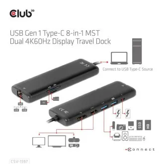 Club 3D dokkolóállomás USB-C 8v1, 1xDP, 1xHDMI, 1xUSB-C PD100W, 2xUSB, SD kártyaolvasó, szürke színben