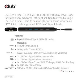 Club 3D dokkolóállomás USB-C 8v1, 1xDP, 1xHDMI, 1xUSB-C PD100W, 2xUSB, SD kártyaolvasó, szürke színben