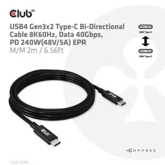 Club3D kábel USB4 Gen3x2 Type-C fordítható kábel 8K60Hz, adat 40 Gbps, PD 240W(48V/5A) EPR M/M 2m