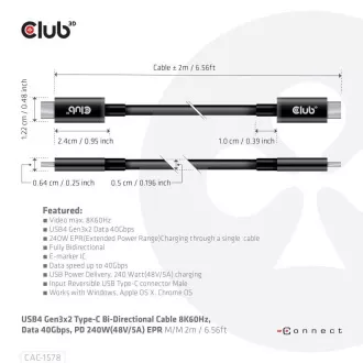 Club3D kábel USB4 Gen3x2 Type-C fordítható kábel 8K60Hz, adat 40 Gbps, PD 240W(48V/5A) EPR M/M 2m
