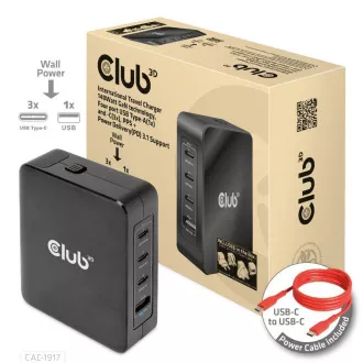 Club3D utazási töltő 140W GaN technológiával, 3xUSB-C, 1xUSB-A, PPS   PD 3.1 támogatással