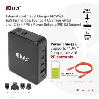 Club3D utazási töltő 140W GaN technológiával, 3xUSB-C, 1xUSB-A, PPS   PD 3.1 támogatással