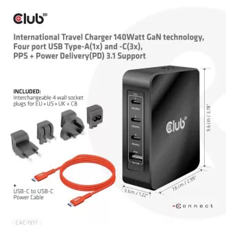 Club3D utazási töltő 140W GaN technológiával, 3xUSB-C, 1xUSB-A, PPS   PD 3.1 támogatással