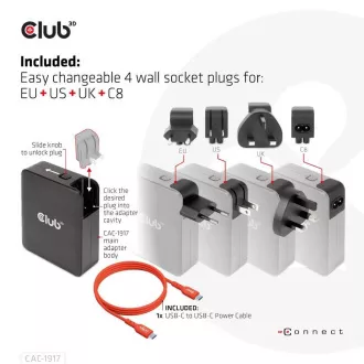 Club3D utazási töltő 140W GaN technológiával, 3xUSB-C, 1xUSB-A, PPS   PD 3.1 támogatással