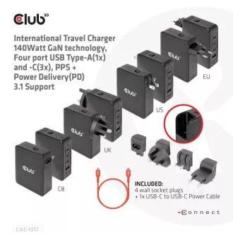 Club3D utazási töltő 140W GaN technológiával, 3xUSB-C, 1xUSB-A, PPS   PD 3.1 támogatással
