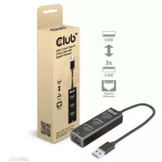 Club3D Hub, USB-A 3.2 Gen1 3x USB 3.1-re, Gigabit Ethernet