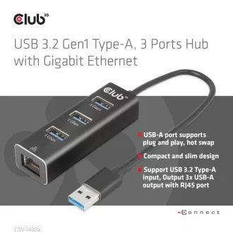 Club3D Hub, USB-A 3.2 Gen1 3x USB 3.1-re, Gigabit Ethernet