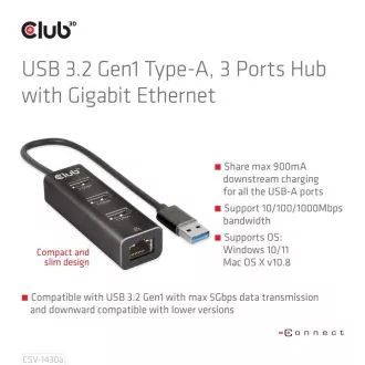 Club3D Hub, USB-A 3.2 Gen1 3x USB 3.1-re, Gigabit Ethernet