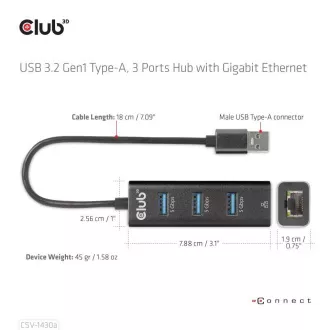 Club3D Hub, USB-A 3.2 Gen1 3x USB 3.1-re, Gigabit Ethernet