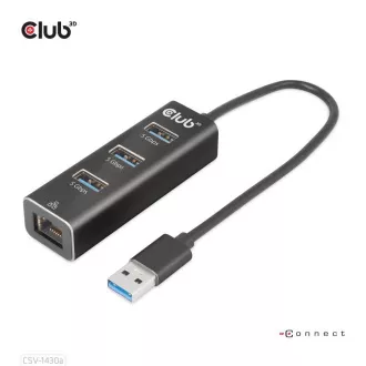 Club3D Hub, USB-A 3.2 Gen1 3x USB 3.1-re, Gigabit Ethernet