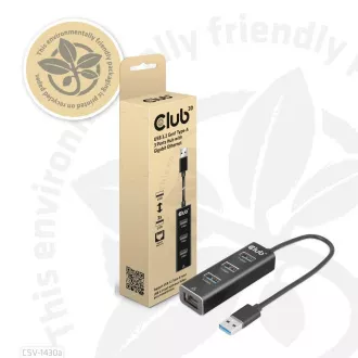 Club3D Hub, USB-A 3.2 Gen1 3x USB 3.1-re, Gigabit Ethernet