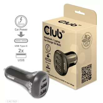 Club3D autós töltő laptopokhoz 36W, 3 port (2xUSB-A   USB-C)